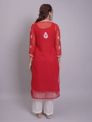 Red georgette lucknowi chikankari kurta with slip 3