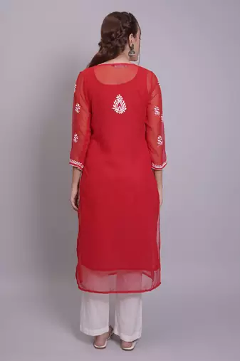 Red georgette lucknowi chikankari kurta with slip