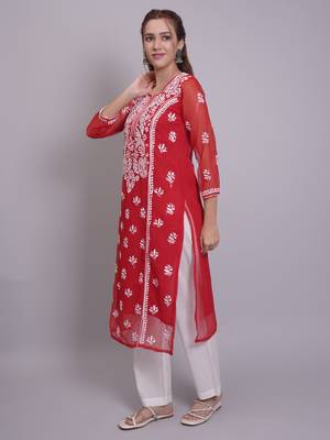 Red georgette lucknowi chikankari kurta with slip 4
