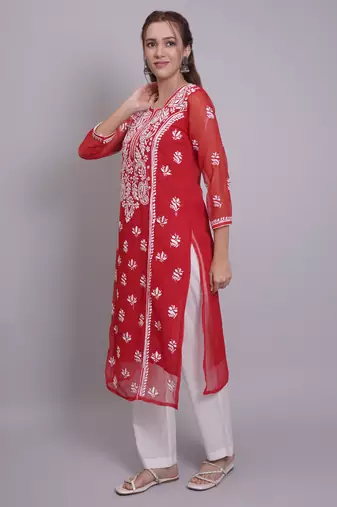 Red georgette lucknowi chikankari kurta with slip