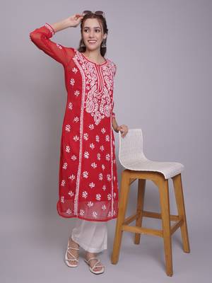 Red georgette lucknowi chikankari kurta with slip 5