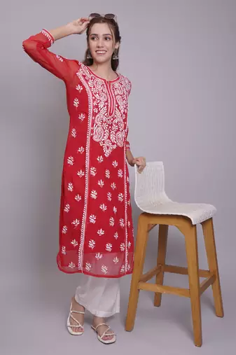 Red georgette lucknowi chikankari kurta with slip