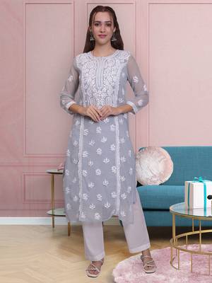 Grey georgette lucknowi chikankari kurta with slip 1