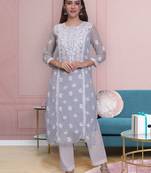 Grey georgette lucknowi chikankari kurta with slip