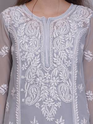 Grey georgette lucknowi chikankari kurta with slip 2
