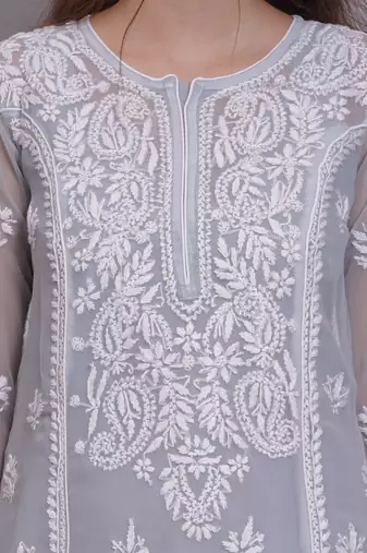 Grey georgette lucknowi chikankari kurta with slip