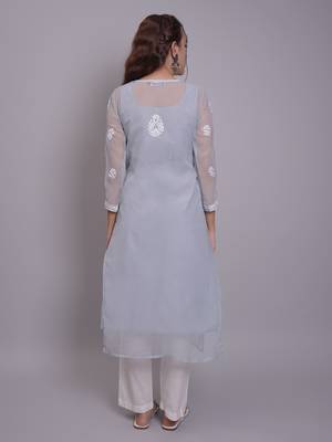 Grey georgette lucknowi chikankari kurta with slip 3