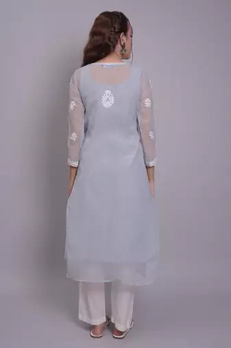 Grey georgette lucknowi chikankari kurta with slip
