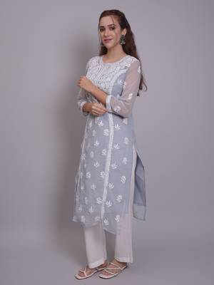 Grey georgette lucknowi chikankari kurta with slip 4