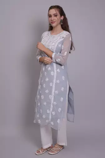 Grey georgette lucknowi chikankari kurta with slip