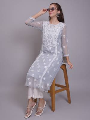 Grey georgette lucknowi chikankari kurta with slip 5