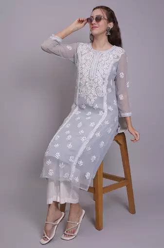 Grey georgette lucknowi chikankari kurta with slip