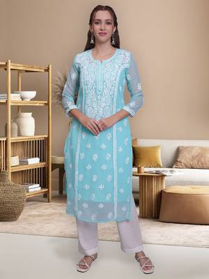 Sea green georgette lucknowi chikankari kurta with slip 1