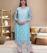 Sea green georgette lucknowi chikankari kurta with slip