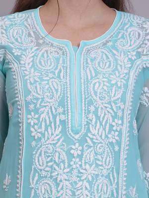 Sea green georgette lucknowi chikankari kurta with slip 2