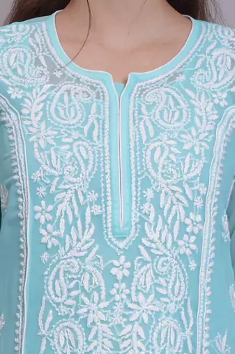 Sea green georgette lucknowi chikankari kurta with slip