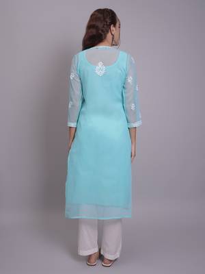 Sea green georgette lucknowi chikankari kurta with slip 3
