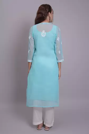 Sea green georgette lucknowi chikankari kurta with slip