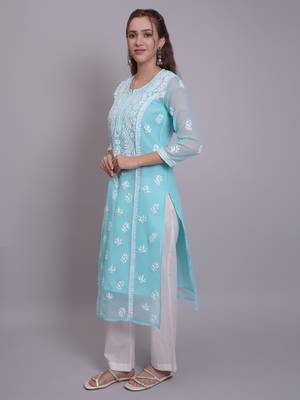Sea green georgette lucknowi chikankari kurta with slip 4
