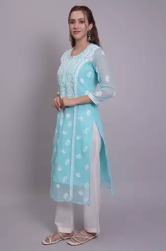 Sea green georgette lucknowi chikankari kurta with slip