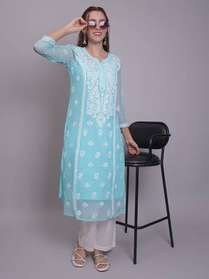Sea green georgette lucknowi chikankari kurta with slip 5