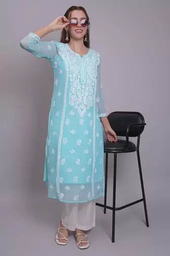 Sea green georgette lucknowi chikankari kurta with slip