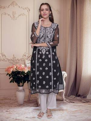 Black georgette lucknowi chikankari kurta with slip 1