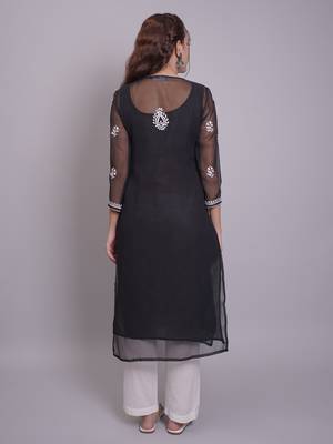 Black georgette lucknowi chikankari kurta with slip 3