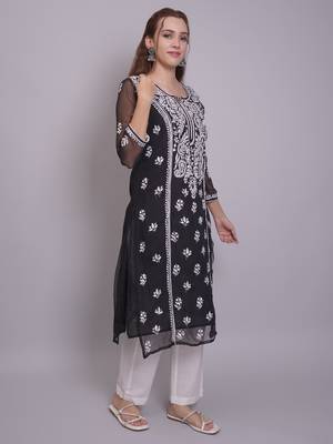 Black georgette lucknowi chikankari kurta with slip 4