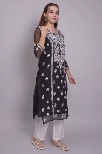 Black georgette lucknowi chikankari kurta with slip