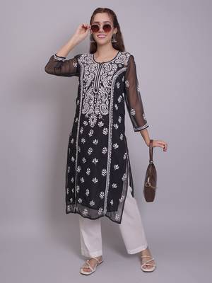 Black georgette lucknowi chikankari kurta with slip 5