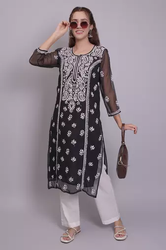 Black georgette lucknowi chikankari kurta with slip