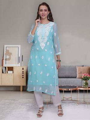 Sea green georgette lucknowi chikankari kurta with slip 1