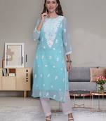Sea green georgette lucknowi chikankari kurta with slip