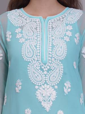 Sea green georgette lucknowi chikankari kurta with slip 2