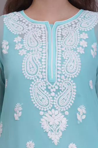 Sea green georgette lucknowi chikankari kurta with slip