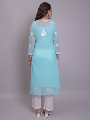 Sea green georgette lucknowi chikankari kurta with slip 3