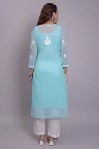 Sea green georgette lucknowi chikankari kurta with slip