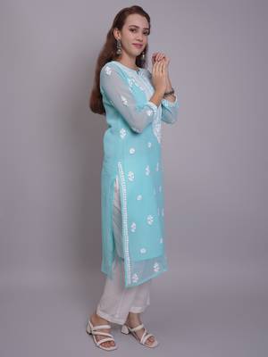 Sea green georgette lucknowi chikankari kurta with slip 4