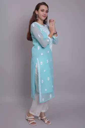 Sea green georgette lucknowi chikankari kurta with slip
