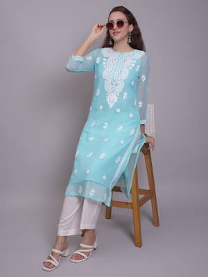 Sea green georgette lucknowi chikankari kurta with slip 5