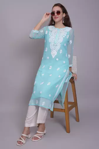 Sea green georgette lucknowi chikankari kurta with slip
