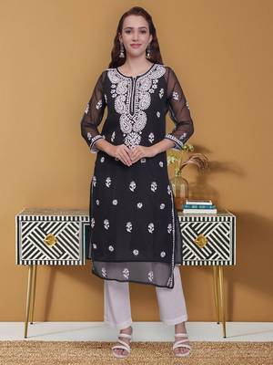 Black georgette lucknowi chikankari kurta with slip 1