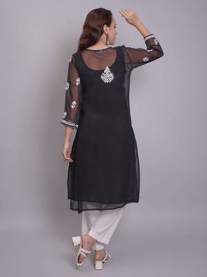 Black georgette lucknowi chikankari kurta with slip 3