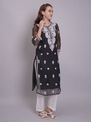 Black georgette lucknowi chikankari kurta with slip 4