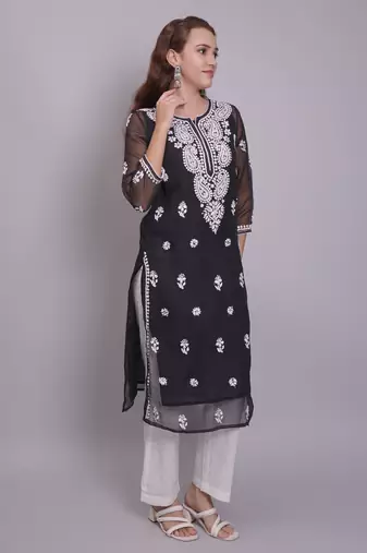 Black georgette lucknowi chikankari kurta with slip