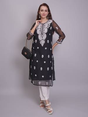 Black georgette lucknowi chikankari kurta with slip 5