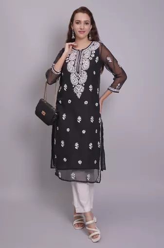 Black georgette lucknowi chikankari kurta with slip