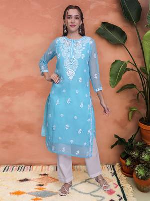 Blue georgette lucknowi chikankari kurta with slip 1