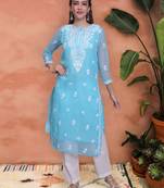Blue georgette lucknowi chikankari kurta with slip